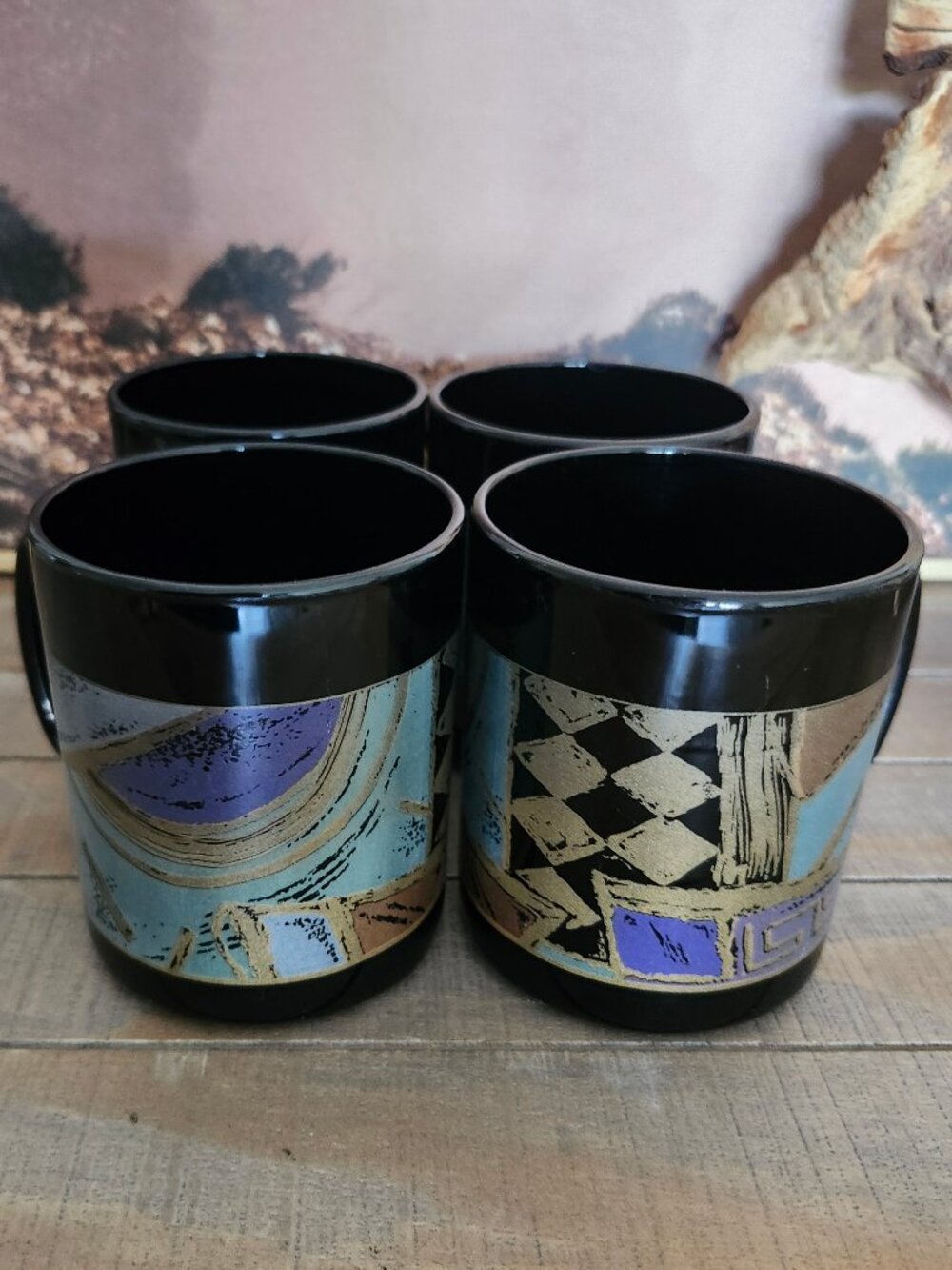 Vtg 80s/90s ARCOROC France Santos Mugs Black Glass Postmodern Memphis Set of 4